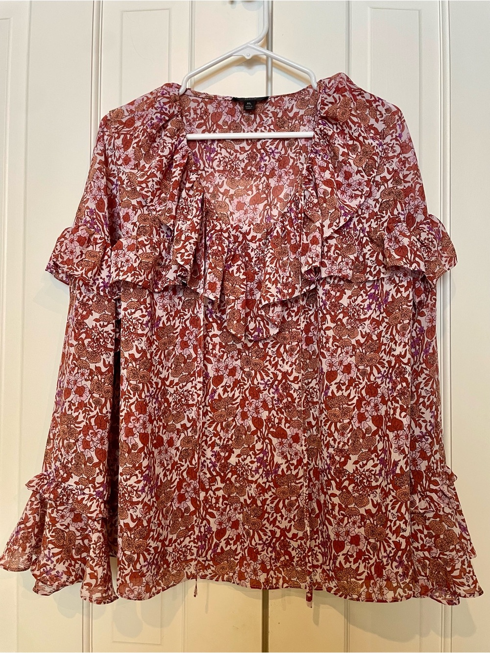J. Crew Red Floral Ruffle Tie-Neck Blouse